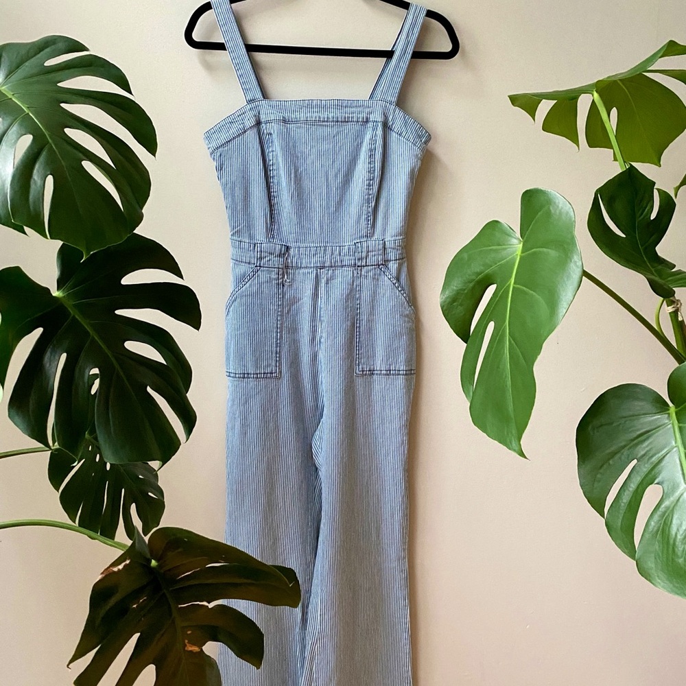 Modern Stripped Blue Denim Overall Jumpsuit